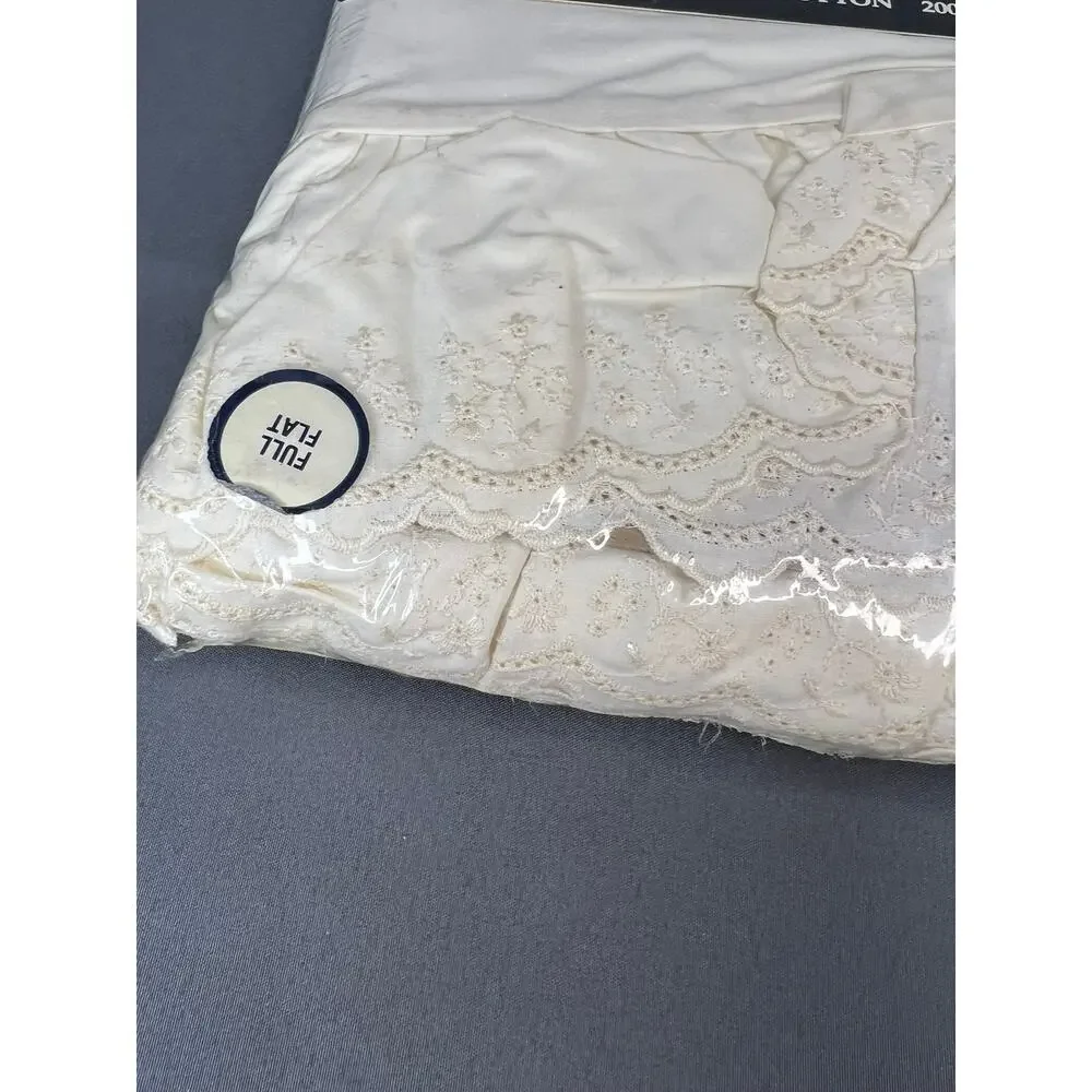 Vintage Ralph Lauren Home Ivory Full Flat Bed Sheet Ruffle Eyelet NOS